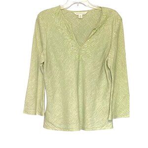 Petite Sophisticate Light Green 100% Linen Blouse with Beading Detail Size 14